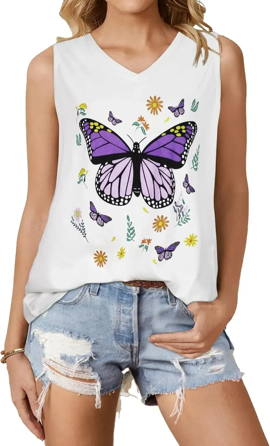 Summer Tops for Women Sleeveless V Neck Tshirt Loose Fit Casual Tank Tunic Blouse