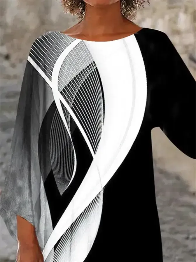 Women Asymmetrical 3/4 Sleeve Scoop Neck Striped Stitching Tops