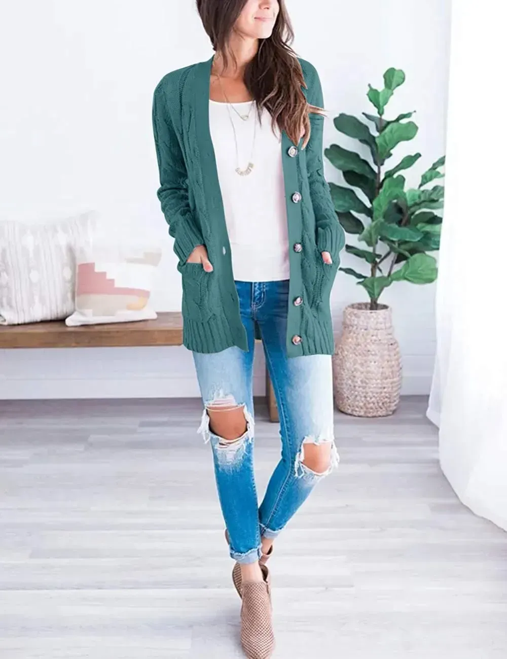 MEROKEETY Women's 2024 Fall Long Sleeve Cable Knit Sweater Open Front Cardigan Button Loose Outerwear