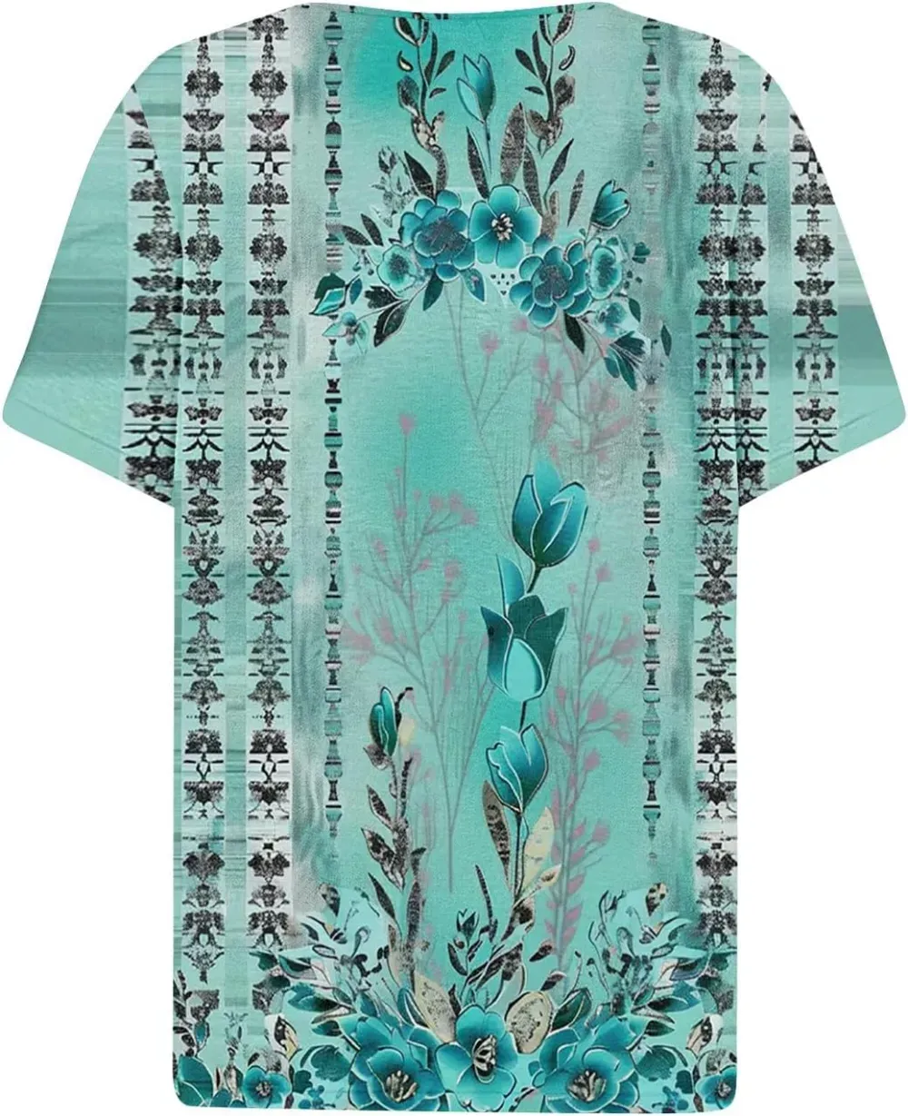 Shirts for Women Casual Printed Summer Tops Short-Sleeved Button V-Neck Tops Blouse Fashion Boho T-Shirts
