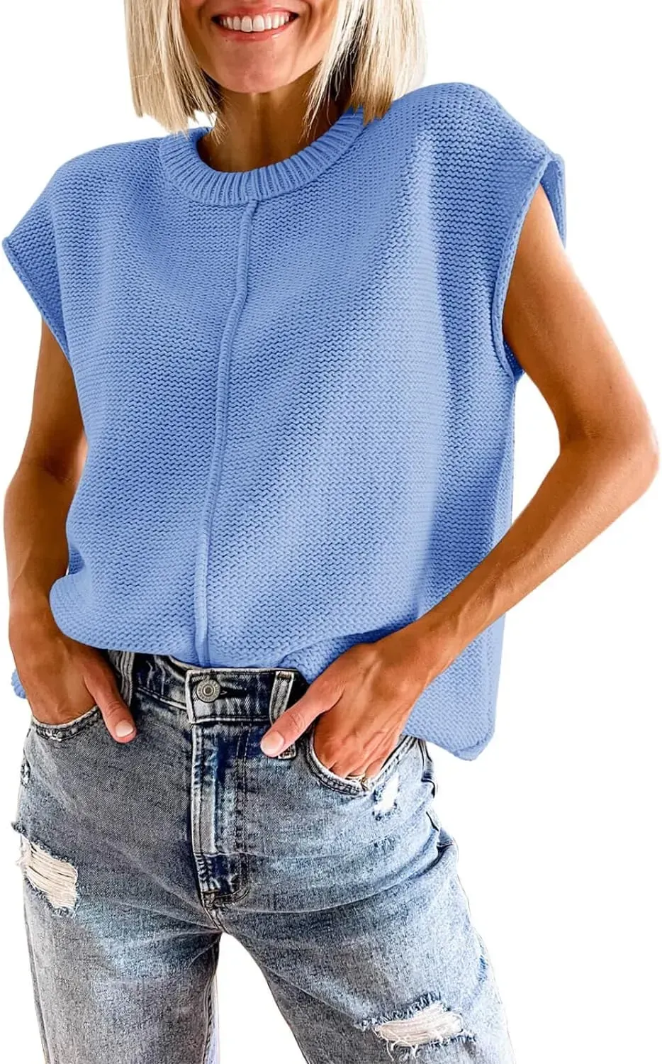 Saodimallsu Womens Summer Cap Sleeve Tops Casual Crew Neck Loose Fit Knit Lightweight Sweater Pullover Top