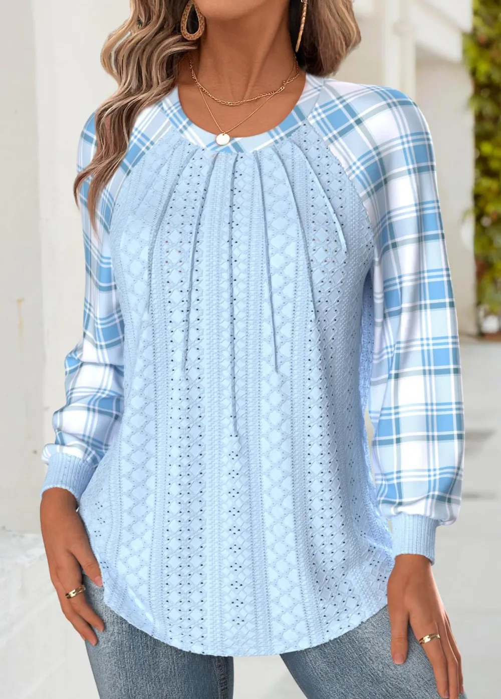Light Blue Tummy Coverage Plaid Long Sleeve Sweatshirt