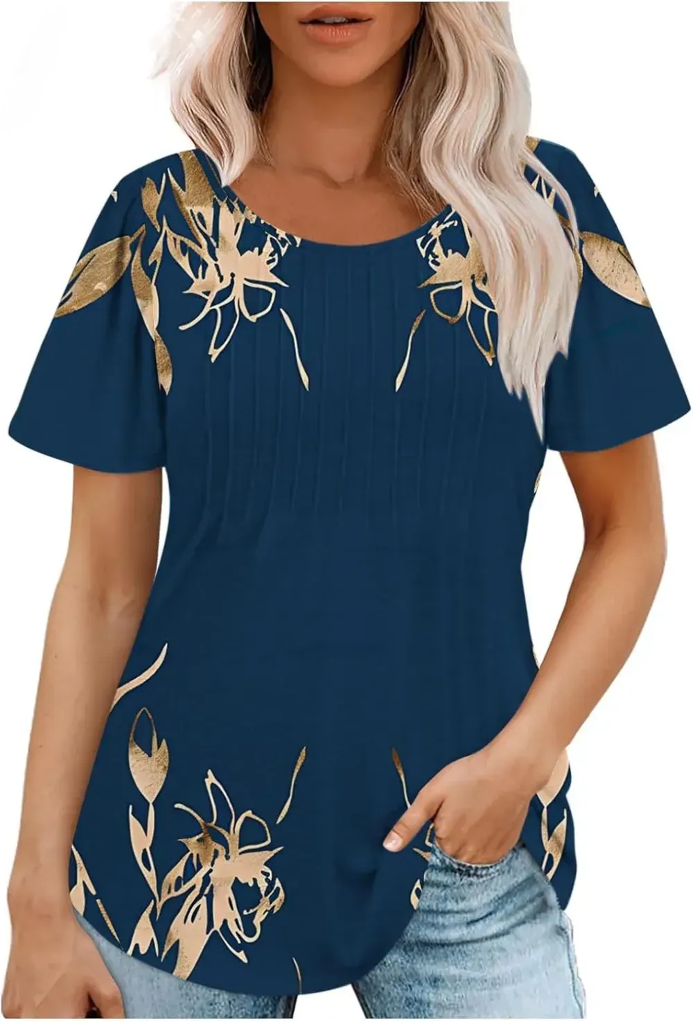 Womens Summer Pleated Front Shirts Tunics Casual Short Sleeved Loose Round Neck Boho Printed Tops Vacation Blouse