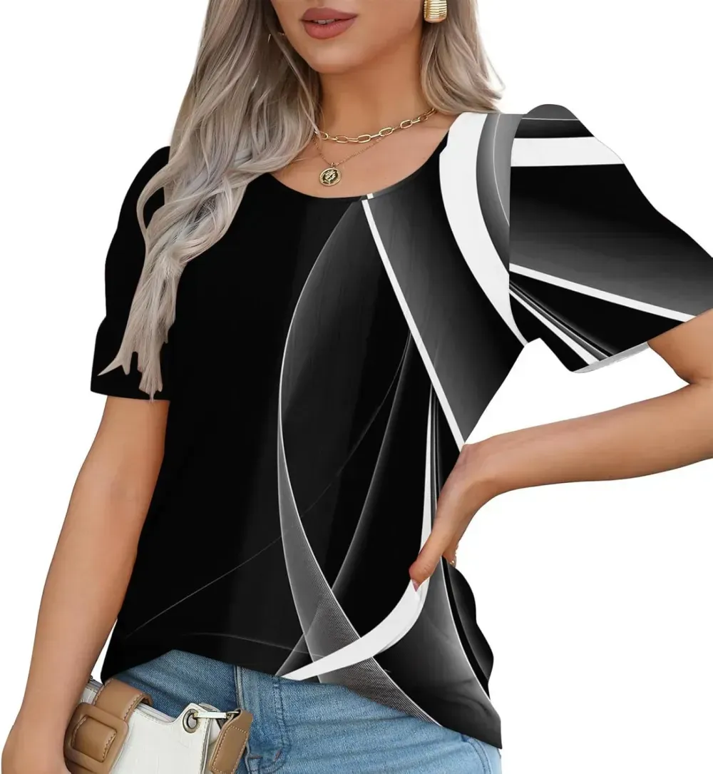 Womens Summer Pleated Front Shirts Tunics Casual Short Sleeved Loose Round Neck Boho Printed Tops Vacation Blouse