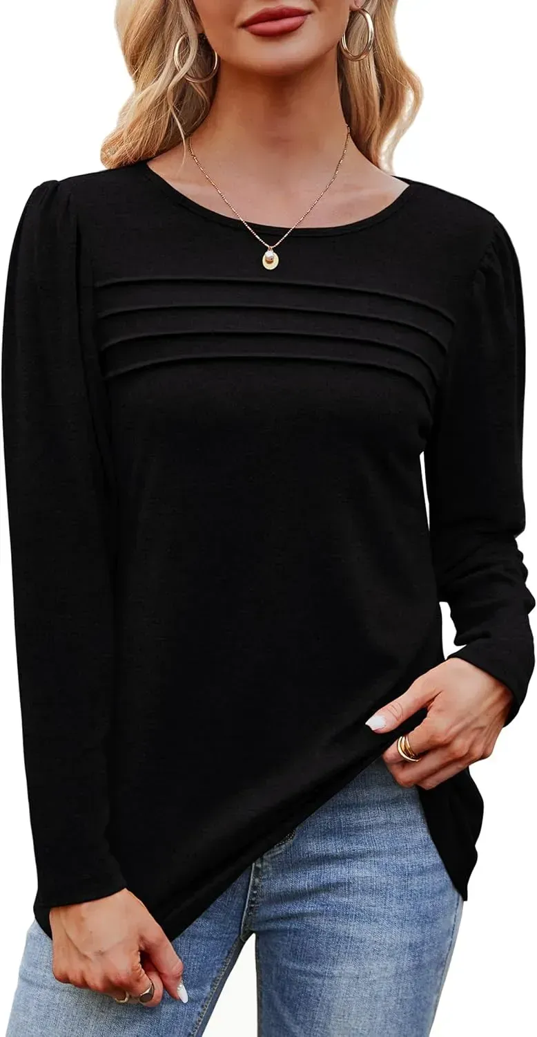 OFEEFAN Long Sleeve Shirts for Women Fall Fashion 2024 Dressy Casual Blouses Trendy Pleated Tunic Tops for Leggings