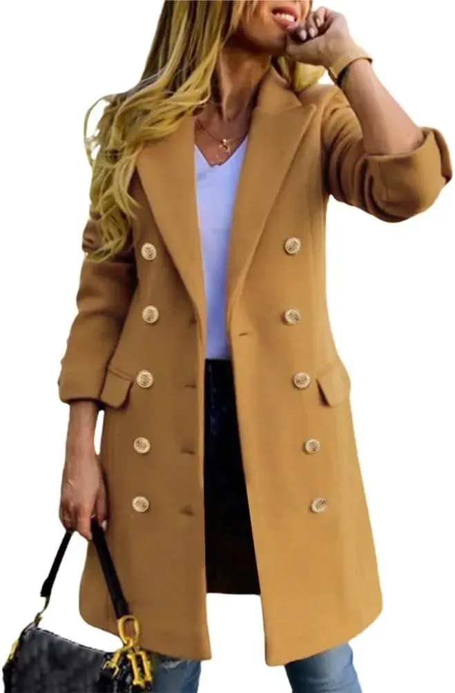 Womens Fall Winter Wool Coats Double Breasted Midi Peacoat Trench Coats