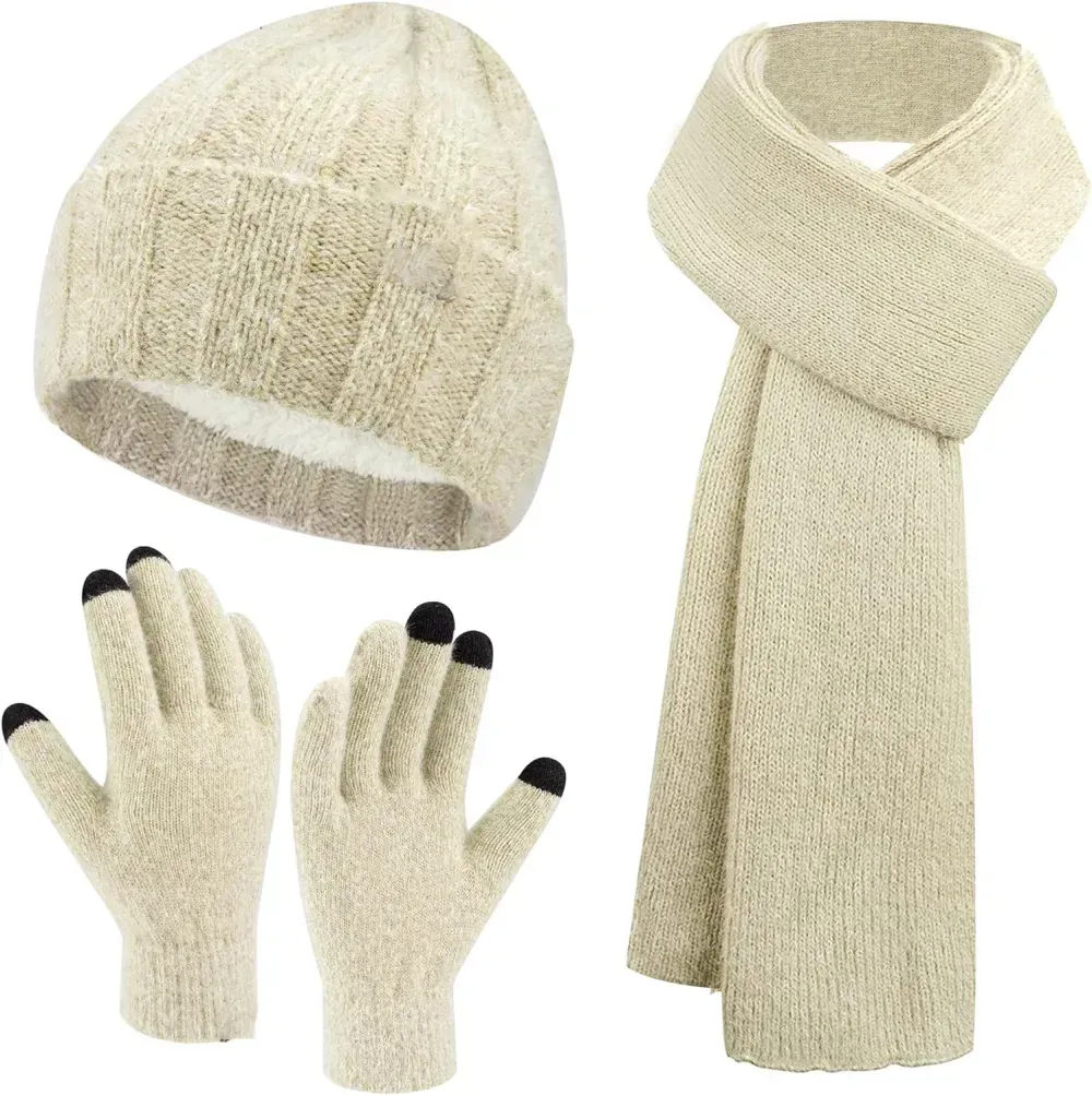 Womens Winter Warm Knit Beanie Hat Touchscreen Gloves Long Scarf Set with Fleece Lined Skull Caps Neck Scarves for Women Men
