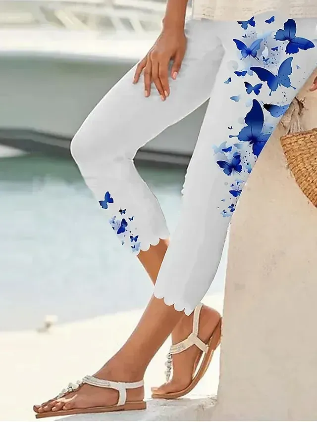 Women's Leggings Capri shorts Black White Yellow Casual / Sporty Athleisure Weekend Yoga Print High Elasticity Calf-Length Tummy Control Butterfly S M L XL 2XL