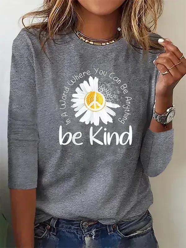 Women Casual Autumn Daisy Daily Loose Long sleeve Crew Neck Regular H-Line T-shirt