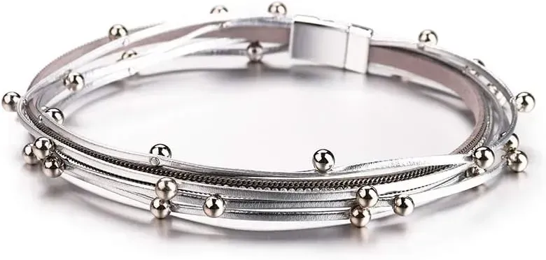 Fesciory Leather Wrap Bracelets for Women, Boho Leopard Multi-Layer Crystal Beads Cuff Bracelet Jewelry