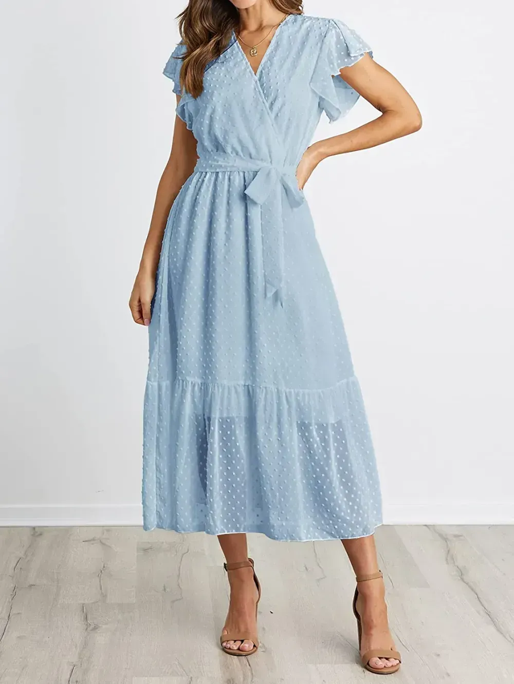 Women Summer Bohemian Floral Casual Wrap V Neck Ruffle Cap Sleeveless Belt A-Line Pleated Hem Swing Midi Sun Dress