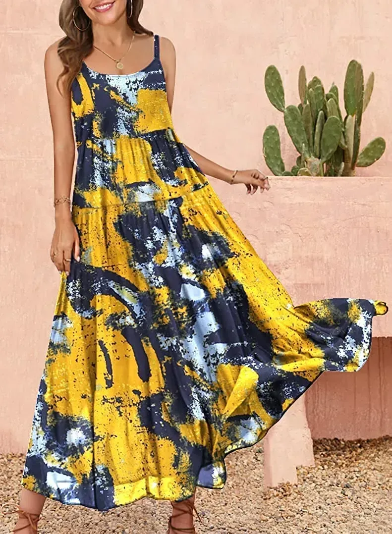 Summer Dresses for Women Casual Loose Bohemian Floral Dress with Pockets Spaghetti Strap Maxi Dress E75