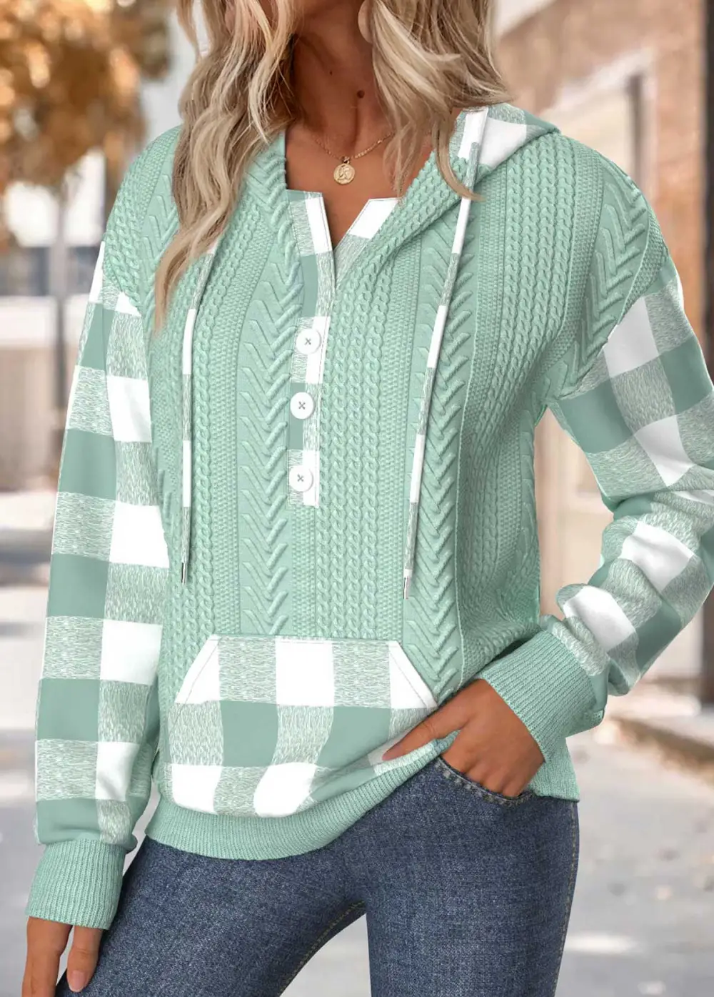 Sage Green Tummy Coverage Plaid Long Sleeve Hoodie