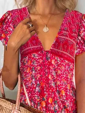 V Neck Casual Floral Printed Short Sleeve Woven Dress