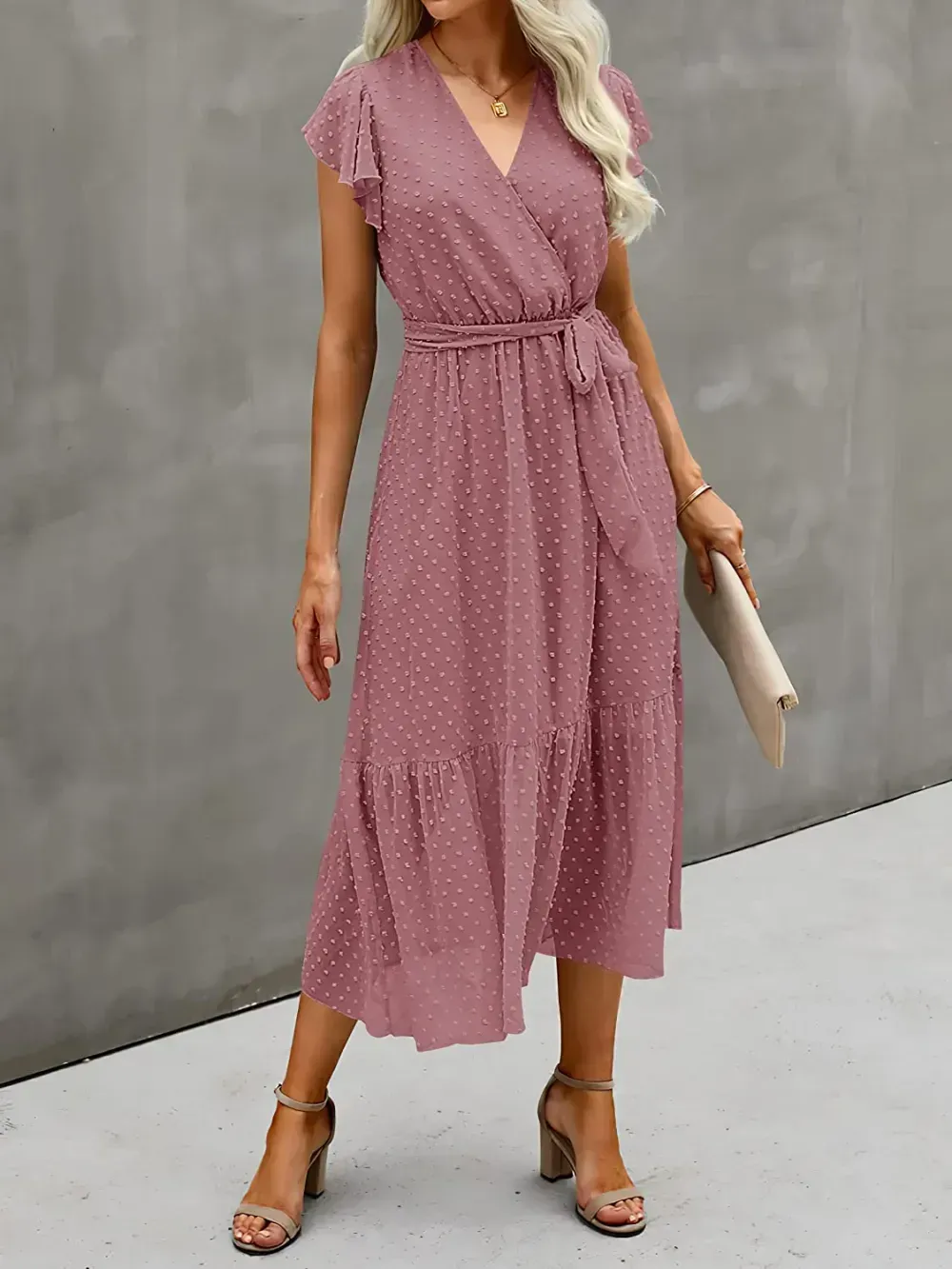 Women Summer Bohemian Floral Casual Wrap V Neck Ruffle Cap Sleeveless Belt A-Line Pleated Hem Swing Midi Sun Dress