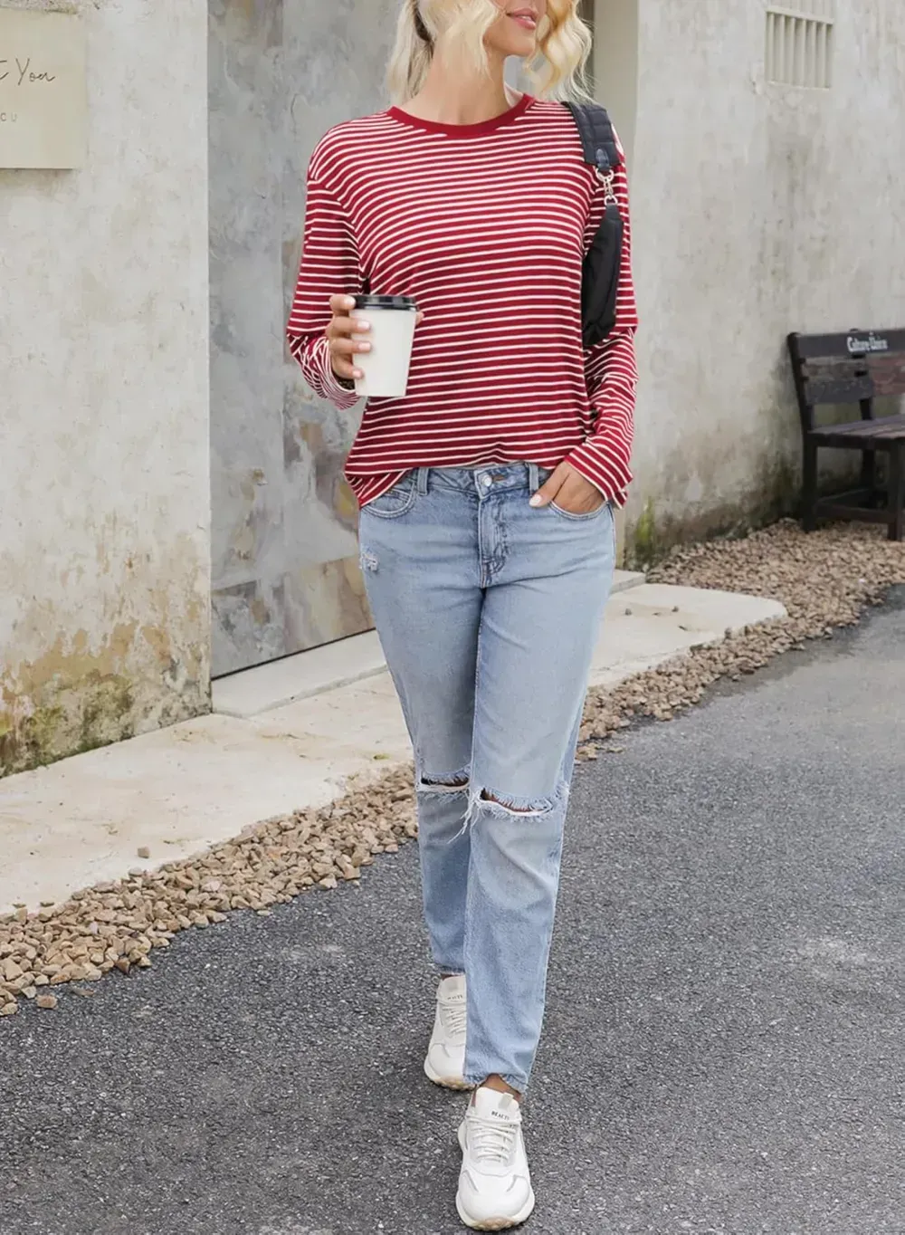 Dokotoo Women's Casual Striped Long Sleeve Tops Crew Neck Knit Ribbed Basic T Shirts