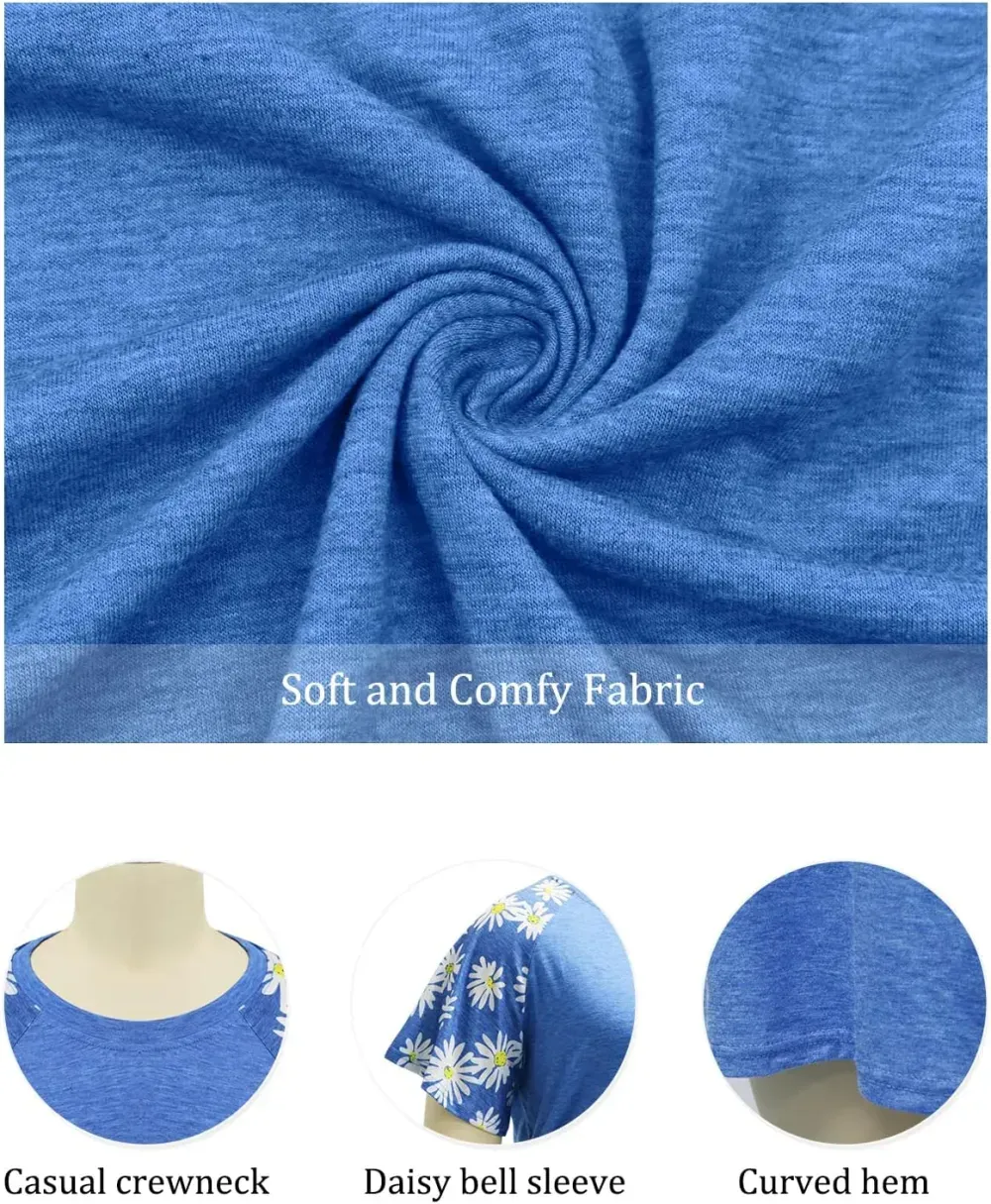 HDLTE Womens Plus Size Tops Floral Bell Sleeves Blouses Summer Crewneck Tunic Loose Casual T Shirts