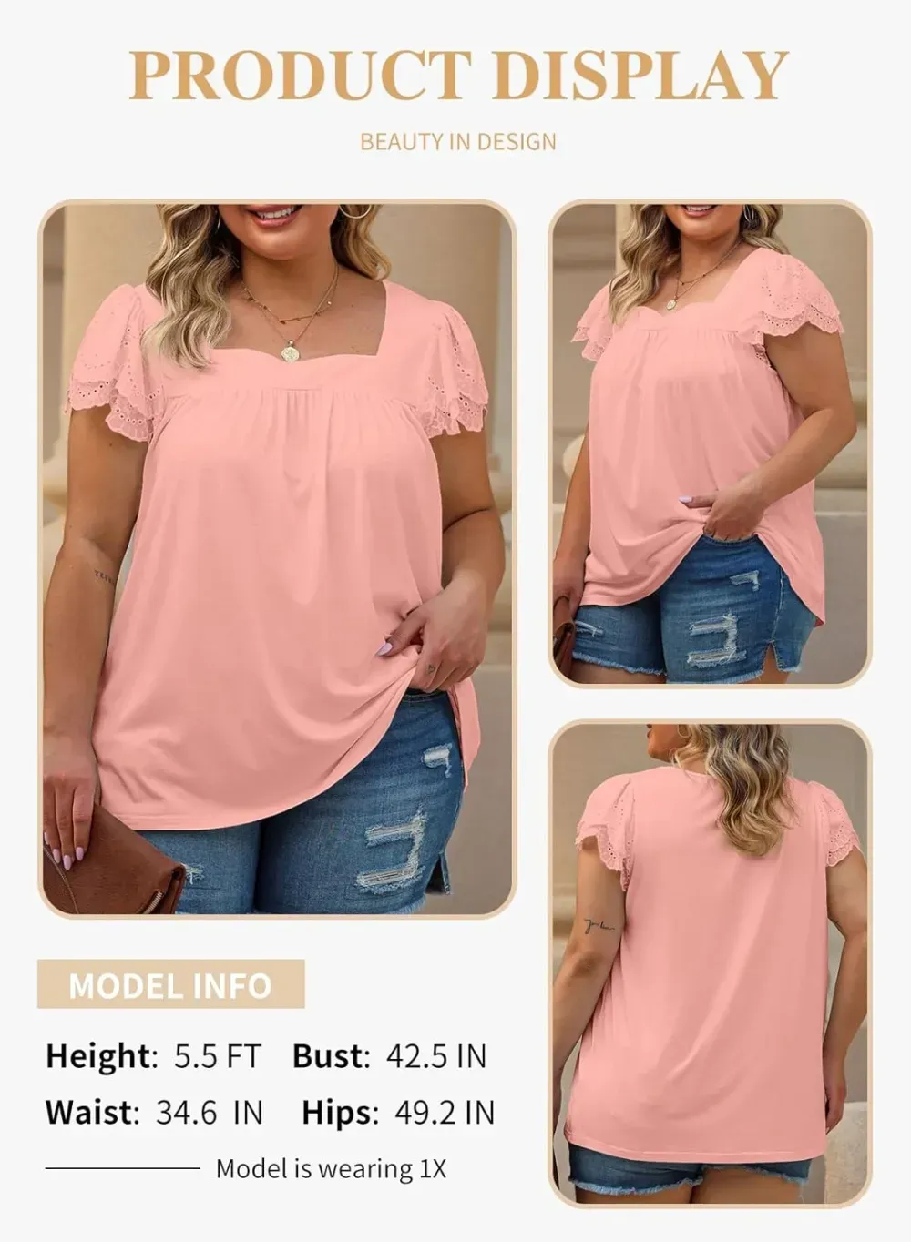 Eytino Womens Plus Size Tops Ruffle Short Sleeve Square Neck Summer Loose Casual Tee Shirts(1X-5X)