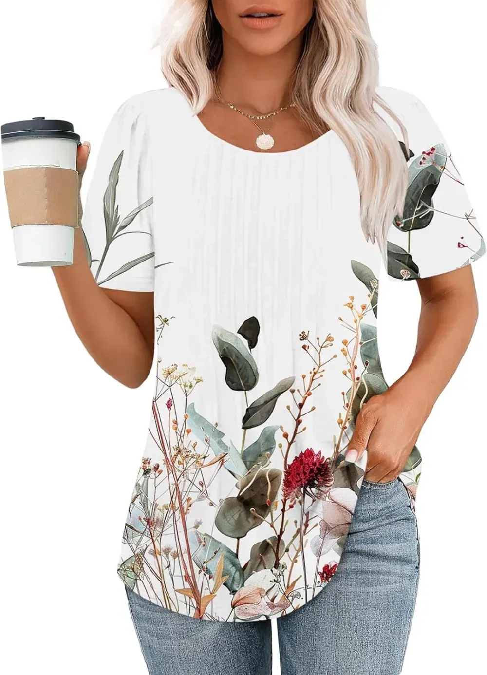 Womens Summer Pleated Front Shirts Tunics Casual Short Sleeved Loose Round Neck Boho Printed Tops Vacation Blouse