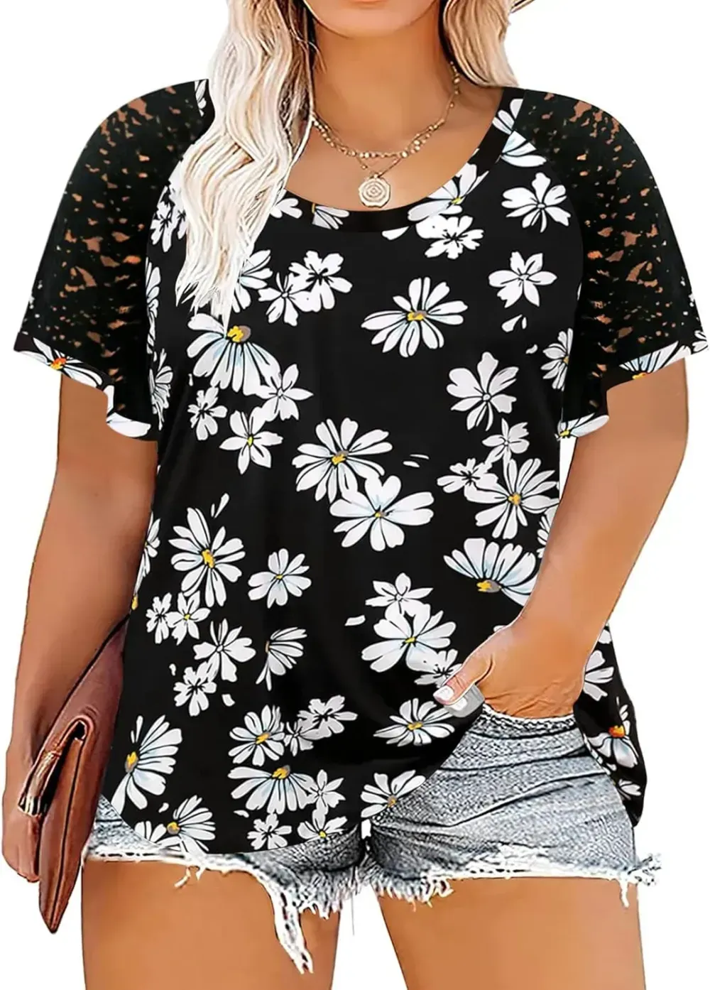 HDLTE Womens Plus Size Tops Floral Bell Sleeves Blouses Summer Crewneck Tunic Loose Casual T Shirts