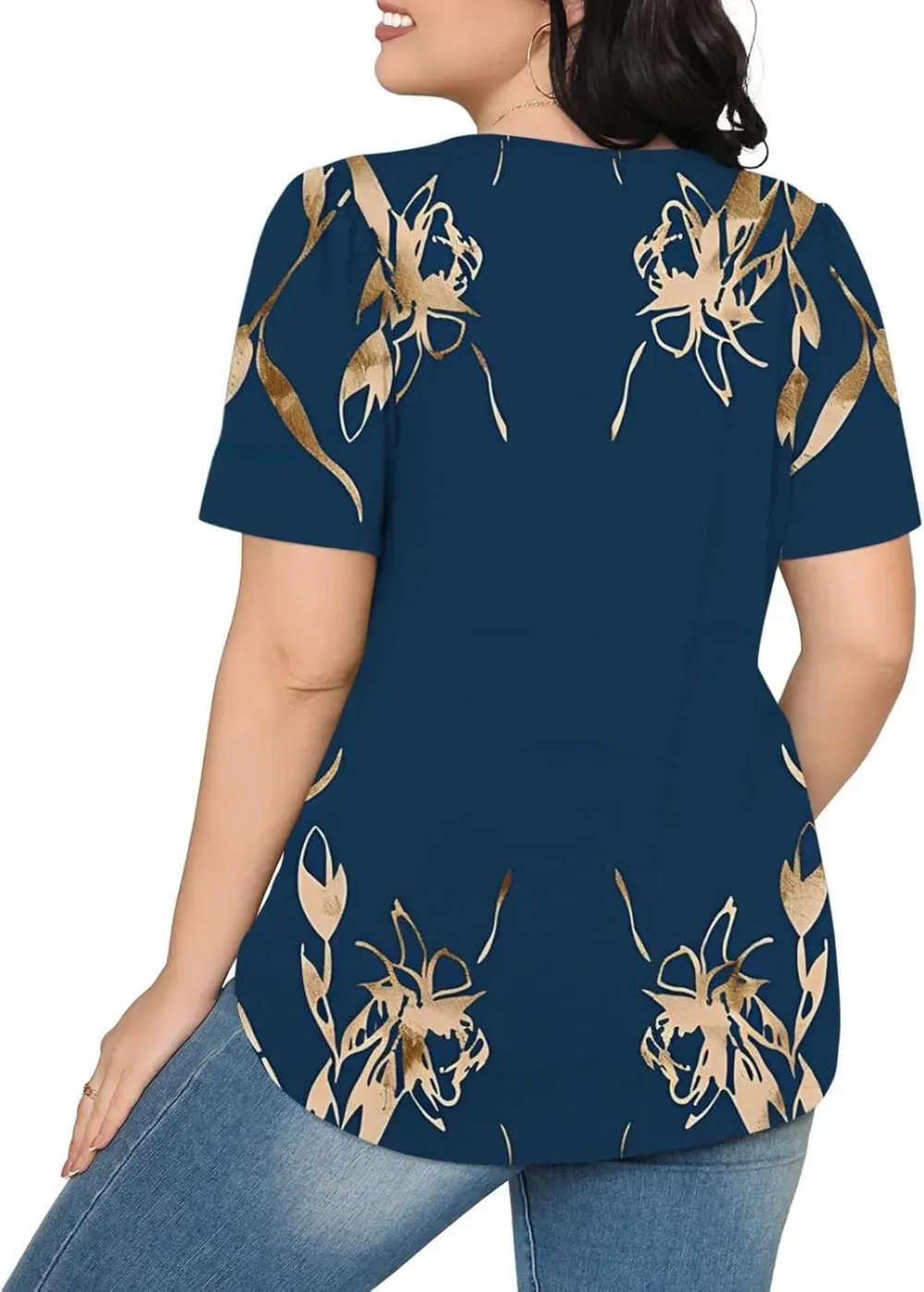 Womens Summer Pleated Front Shirts Tunics Casual Short Sleeved Loose Round Neck Boho Printed Tops Vacation Blouse