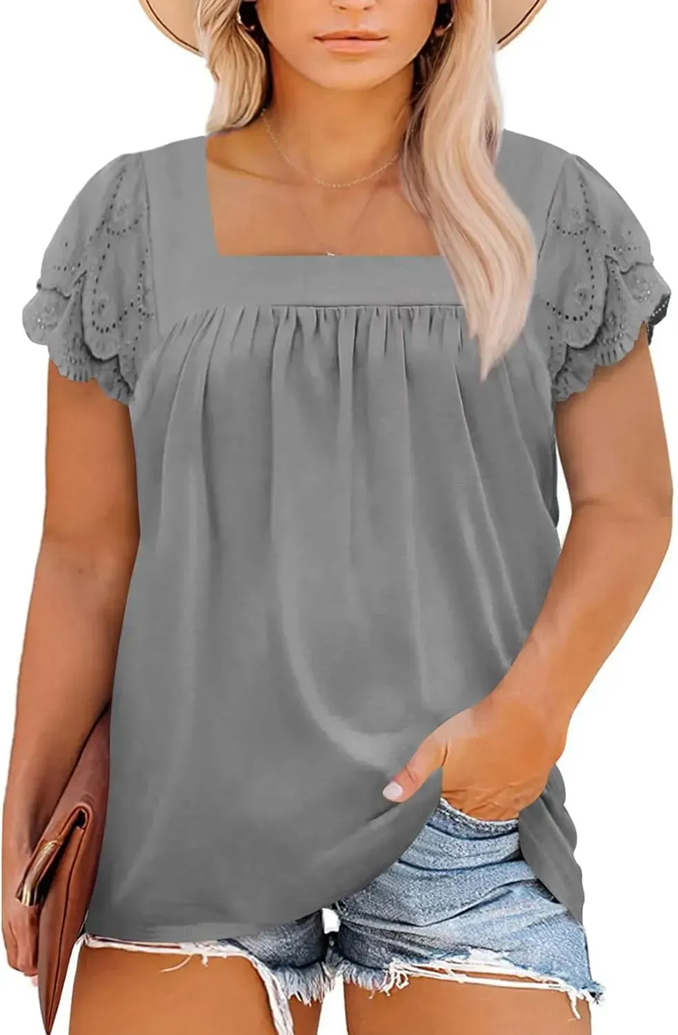 Eytino Womens Plus Size Tops Ruffle Short Sleeve Square Neck Summer Loose Casual Tee Shirts(1X-5X)