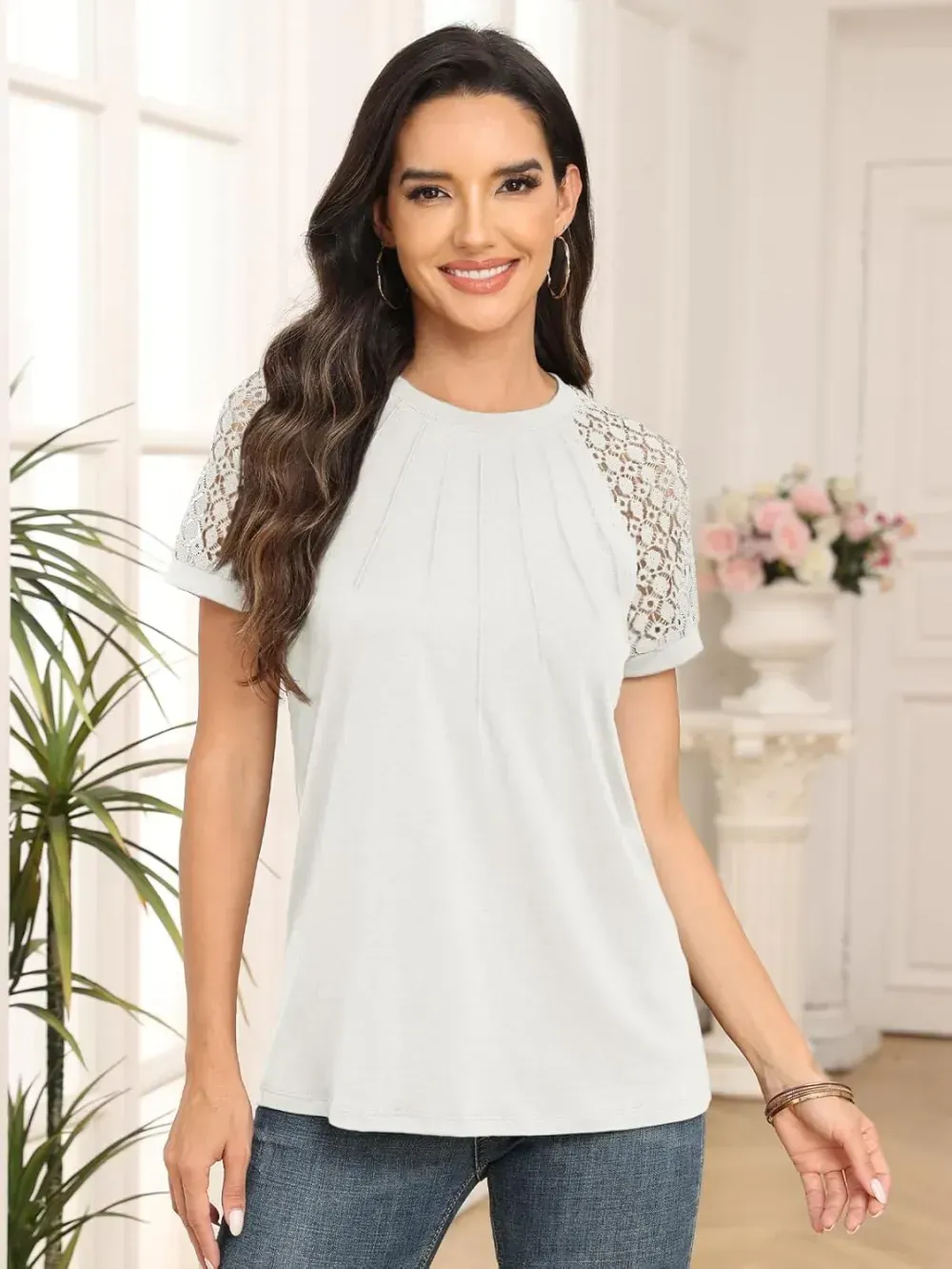 AUTOMET Womens Tshirts Trendy Fashion Tops Lace Short Sleeve Business Tee Shirts Casual Knitted Blouses Summer Outfits 2024