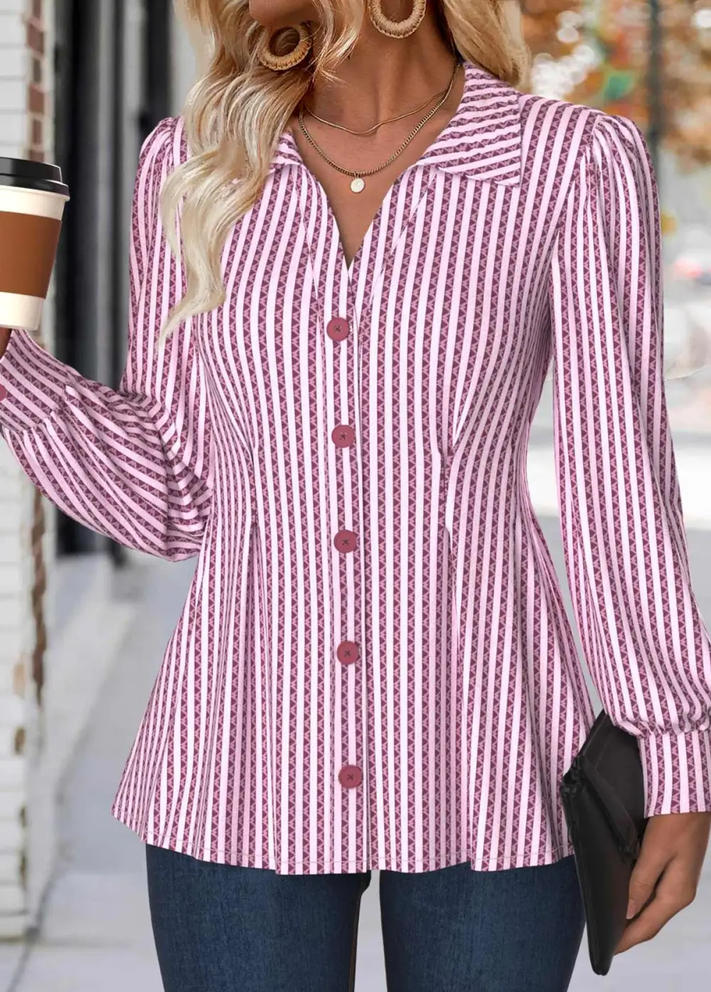 Light Pink Tummy Coverage Striped Long Sleeve Shirt