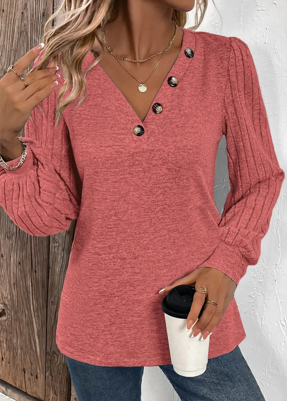 Dusty Pink Patchwork Long Sleeve V Neck Sweatshirt