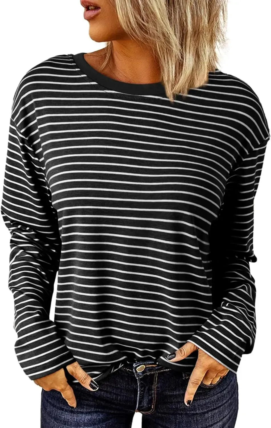 Dokotoo Women's Casual Striped Long Sleeve Tops Crew Neck Knit Ribbed Basic T Shirts