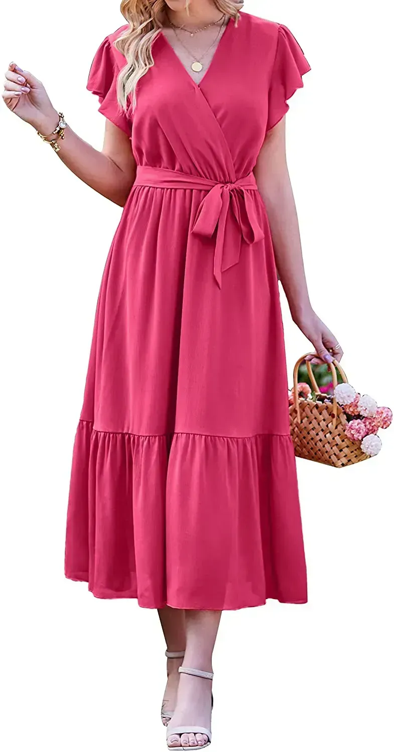 Women Summer Bohemian Floral Casual Wrap V Neck Ruffle Cap Sleeveless Belt A-Line Pleated Hem Swing Midi Sun Dress
