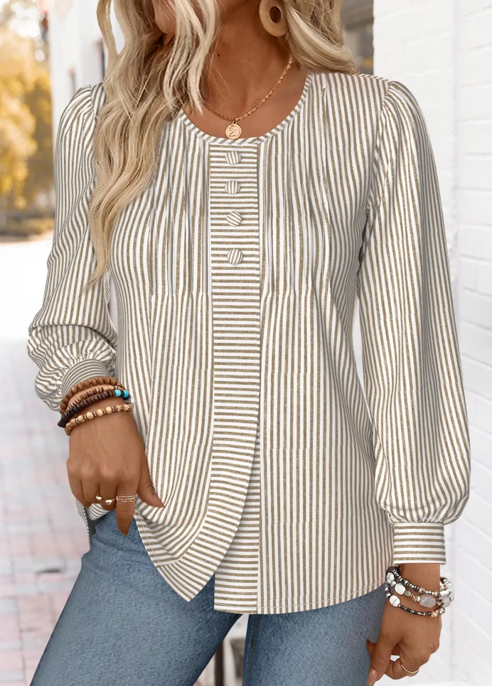 Light Coffee Striped Long Sleeve Round Neck T Shirt