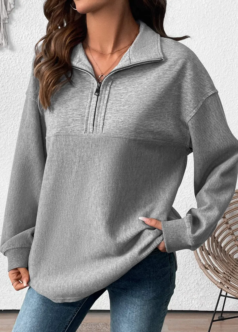 Grey Tummy Coverage Long Sleeve Turn Down Collar Sweatshirt