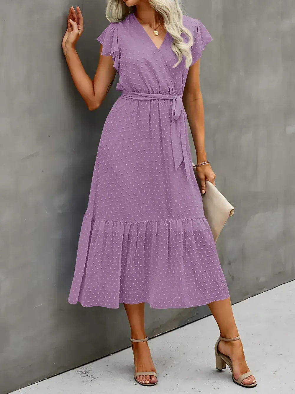 Women Summer Bohemian Floral Casual Wrap V Neck Ruffle Cap Sleeveless Belt A-Line Pleated Hem Swing Midi Sun Dress