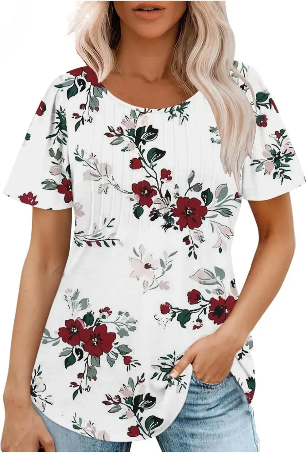 Womens Summer Pleated Front Shirts Tunics Casual Short Sleeved Loose Round Neck Boho Printed Tops Vacation Blouse