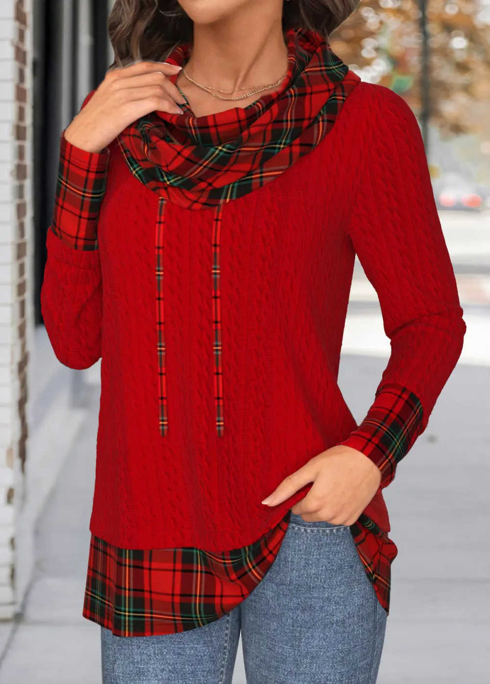 Christmas Red Patchwork Plaid Long Sleeve Cowl Neck Sweatshirt