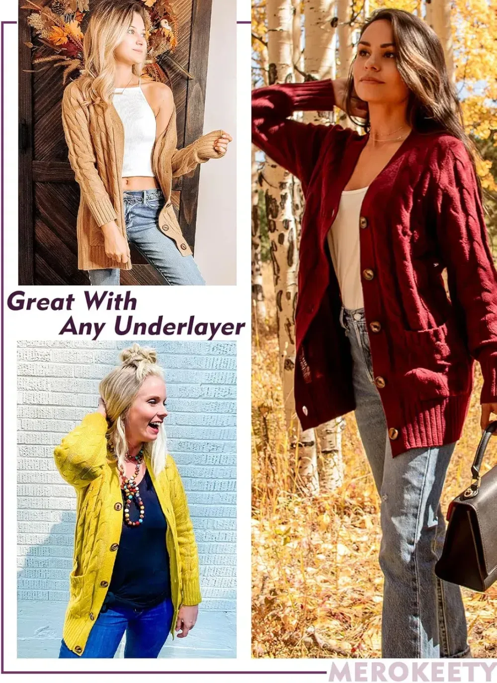 MEROKEETY Women's 2024 Fall Long Sleeve Cable Knit Sweater Open Front Cardigan Button Loose Outerwear