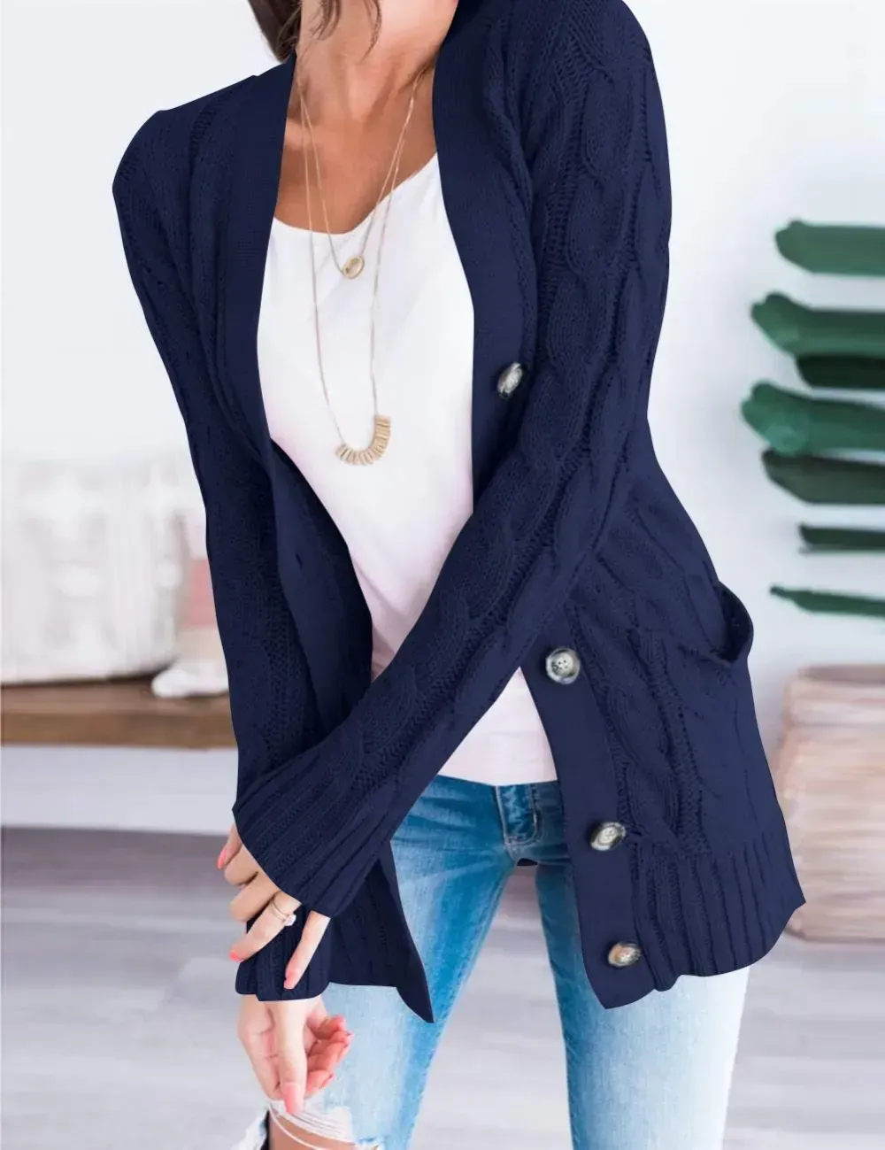 MEROKEETY Women's 2024 Fall Long Sleeve Cable Knit Sweater Open Front Cardigan Button Loose Outerwear