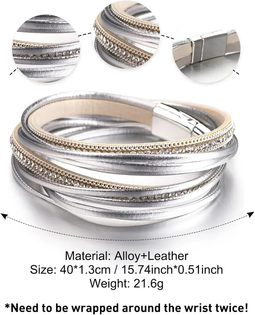 Fesciory Leather Wrap Bracelets for Women, Boho Leopard Multi-Layer Crystal Beads Cuff Bracelet Jewelry