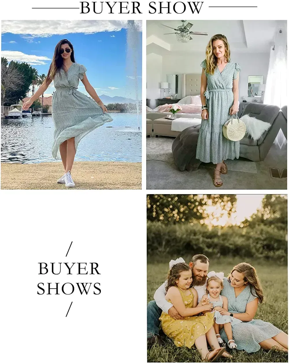 Women Summer Bohemian Floral Casual Wrap V Neck Ruffle Cap Sleeveless Belt A-Line Pleated Hem Swing Midi Sun Dress