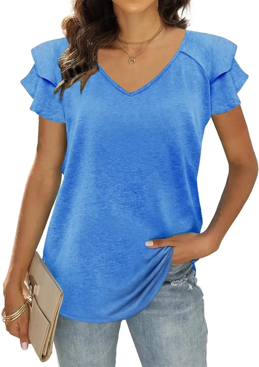T&Twenties Womens Summer Tops Ruffle Short Sleeve Tunic Tops V Neck Loose Fit Flowy T-Shirts