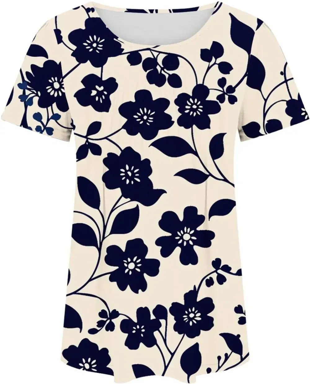 Womens Summer Pleated Front Shirts Tunics Casual Short Sleeved Loose Round Neck Boho Printed Tops Vacation Blouse