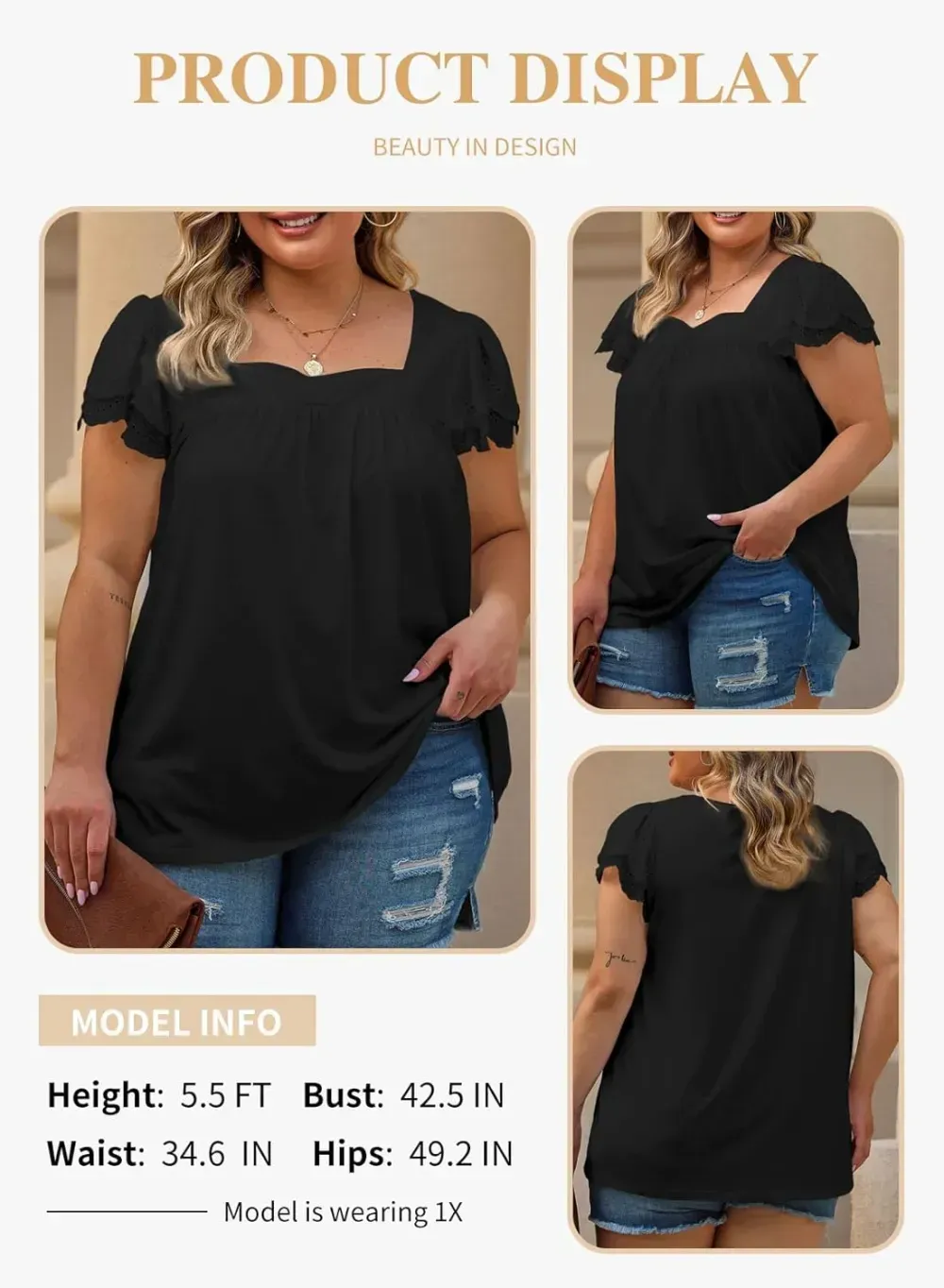 Eytino Womens Plus Size Tops Ruffle Short Sleeve Square Neck Summer Loose Casual Tee Shirts(1X-5X)