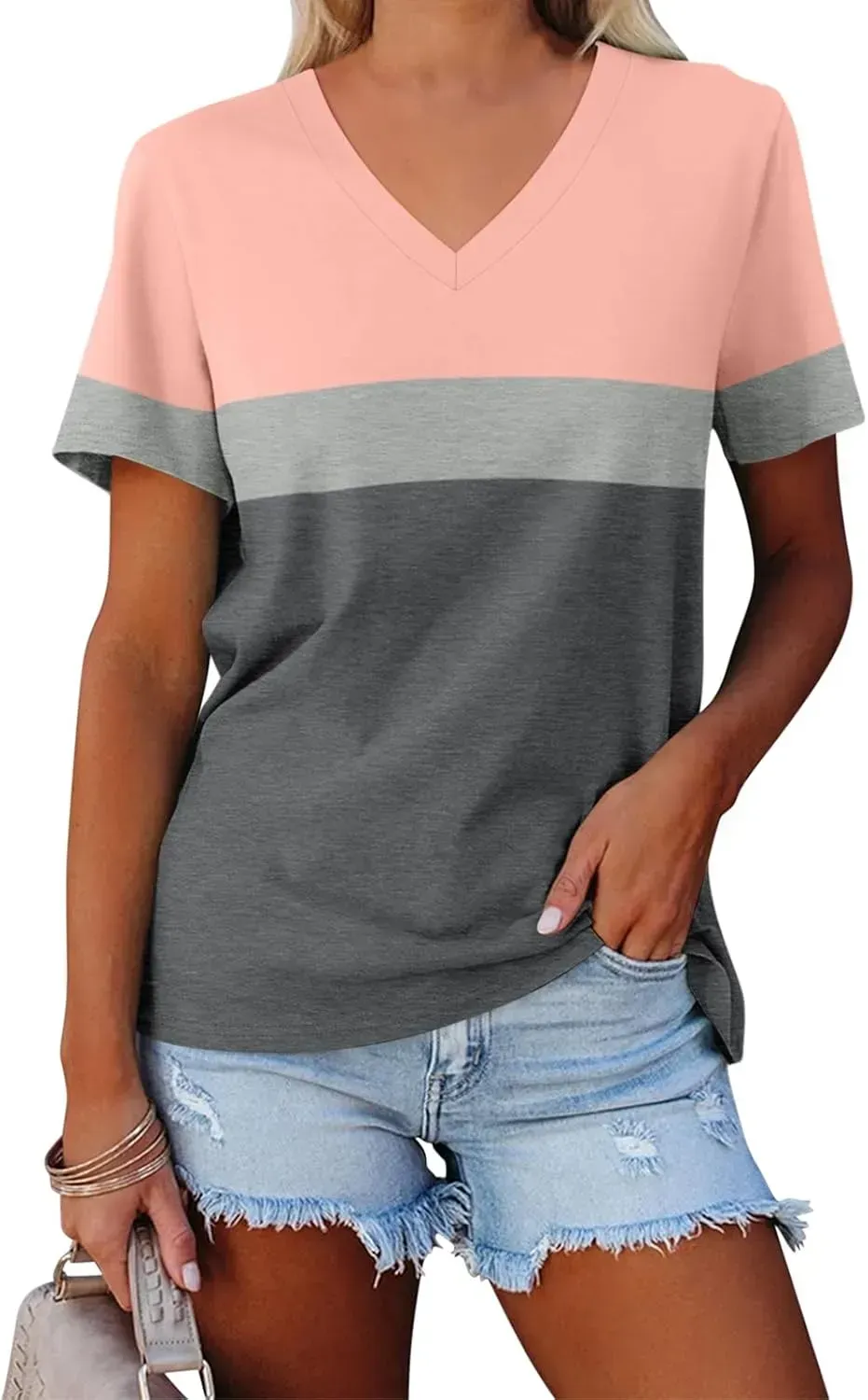 ORANDESIGNE Women's Color Block Short Sleeve T Shirts Casual V Neck Summer Tops Tees Loose Fit Blouses