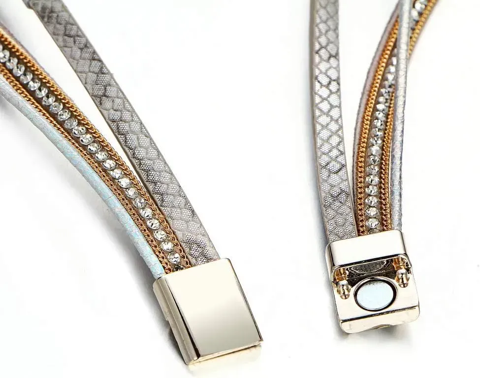 Fesciory Leather Wrap Bracelets for Women, Boho Leopard Multi-Layer Crystal Beads Cuff Bracelet Jewelry