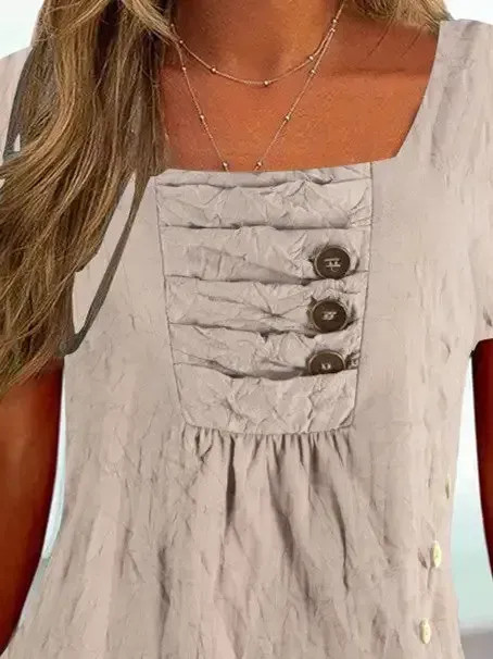 Women Short Sleeve U-neck Solid Color Button Tops