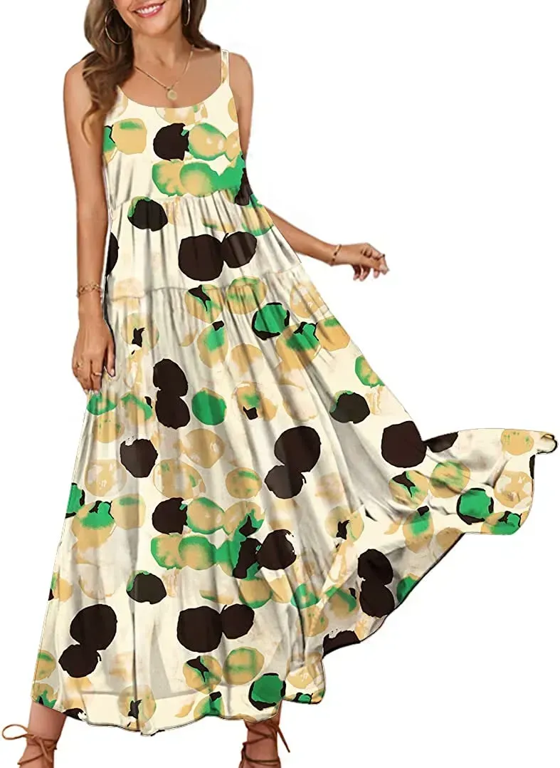 Summer Dresses for Women Casual Loose Bohemian Floral Dress with Pockets Spaghetti Strap Maxi Dress E75