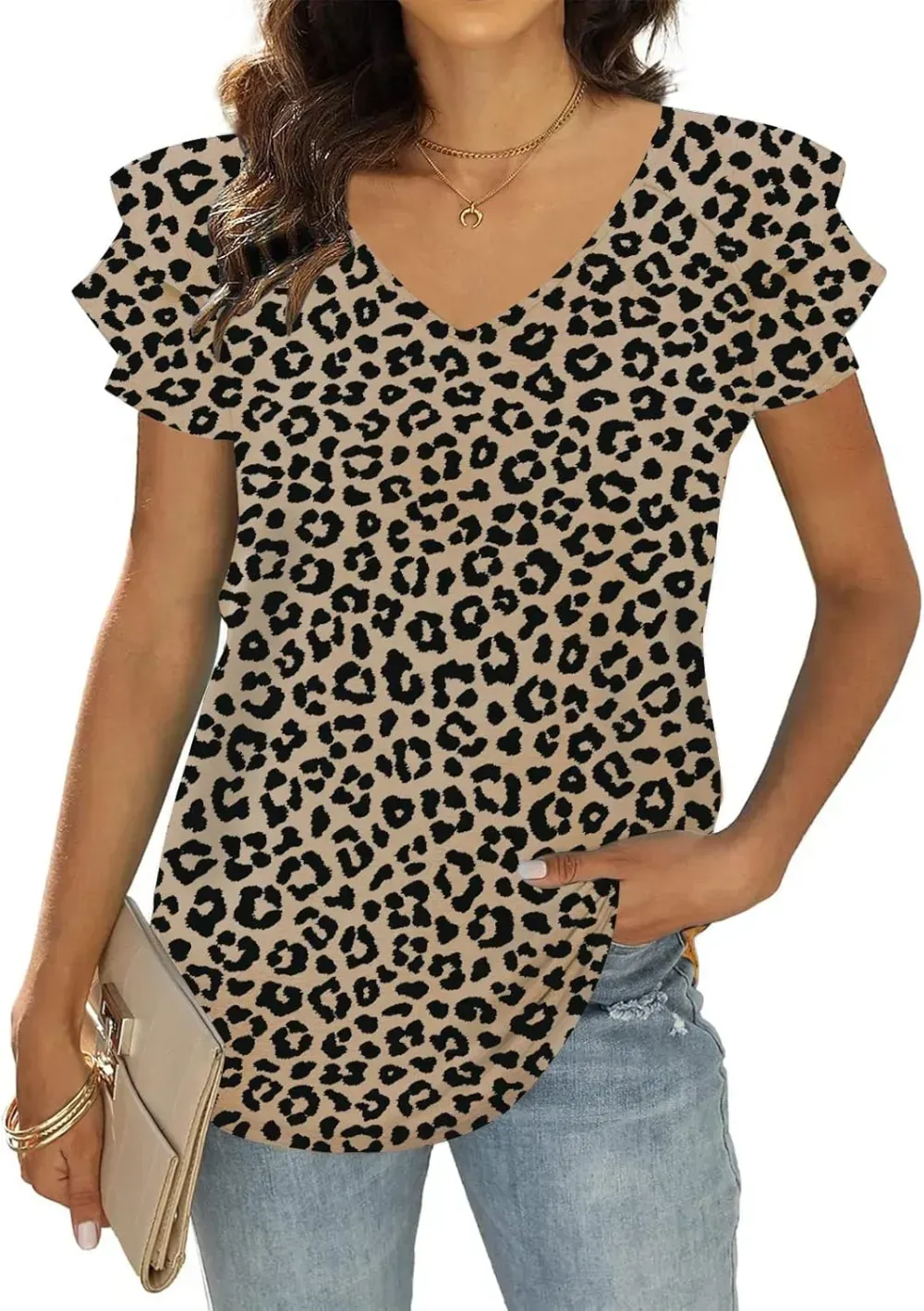 T&Twenties Womens Summer Tops Ruffle Short Sleeve Tunic Tops V Neck Loose Fit Flowy T-Shirts