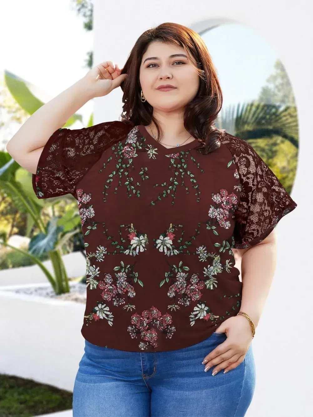 HDLTE Womens Plus Size Tops Floral Bell Sleeves Blouses Summer Crewneck Tunic Loose Casual T Shirts