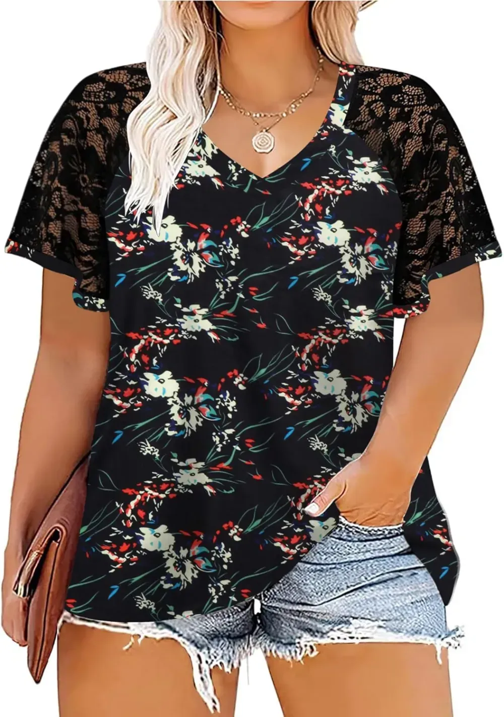 HDLTE Womens Plus Size Tops Floral Bell Sleeves Blouses Summer Crewneck Tunic Loose Casual T Shirts